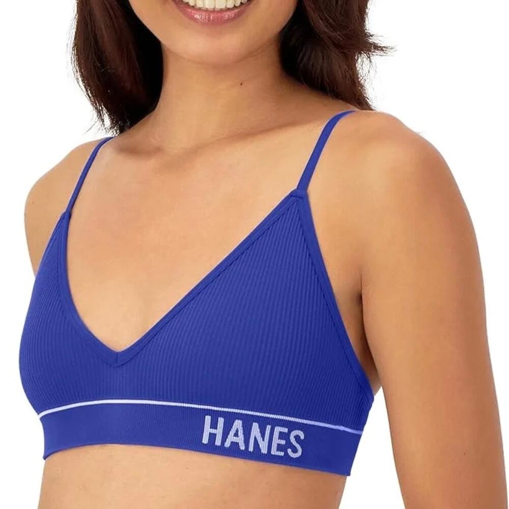 Hanes Ribbed Bralette Blue Logo Band Athleisure Lounge Bra NWT